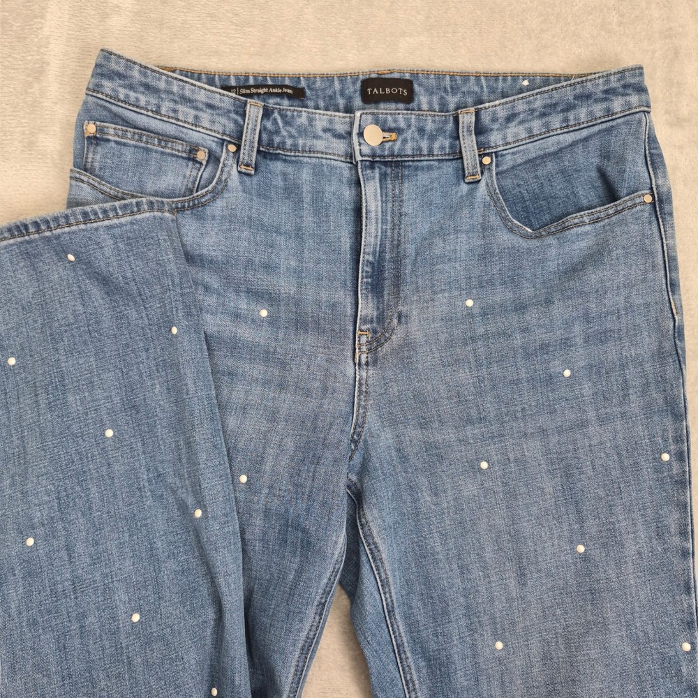 Talbots 12 Slim Straight Ankle Jeans Embellished High Rise Light Wash Polka Dots